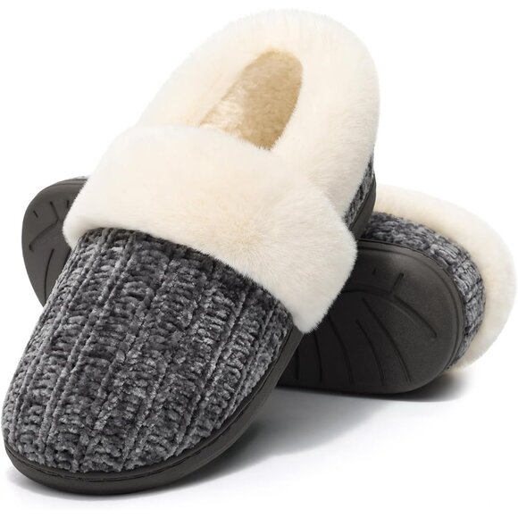 ⚡Women's Dark Grey Memory Foam Slippers Closed Back Knit Slip On House Shoes - Picture 1 of 5